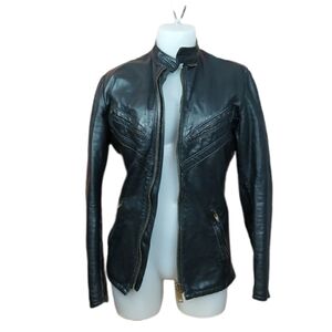 LEATHER jacket biker moto coat quilted lining size 34
